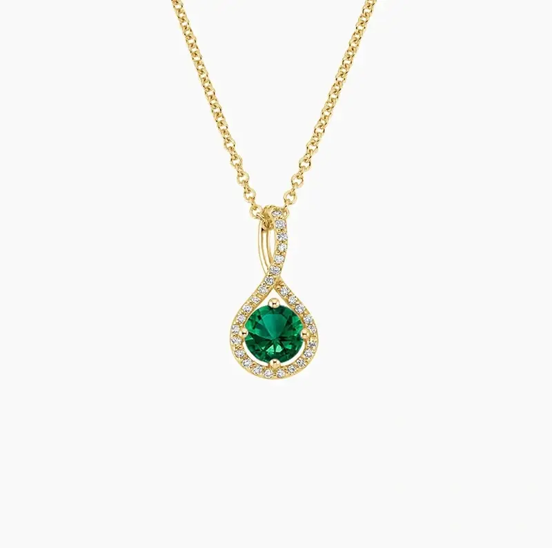 10K Gold Round Natrual Diamond & Lab Created Emerald Pavé Twist Pendant Necklace