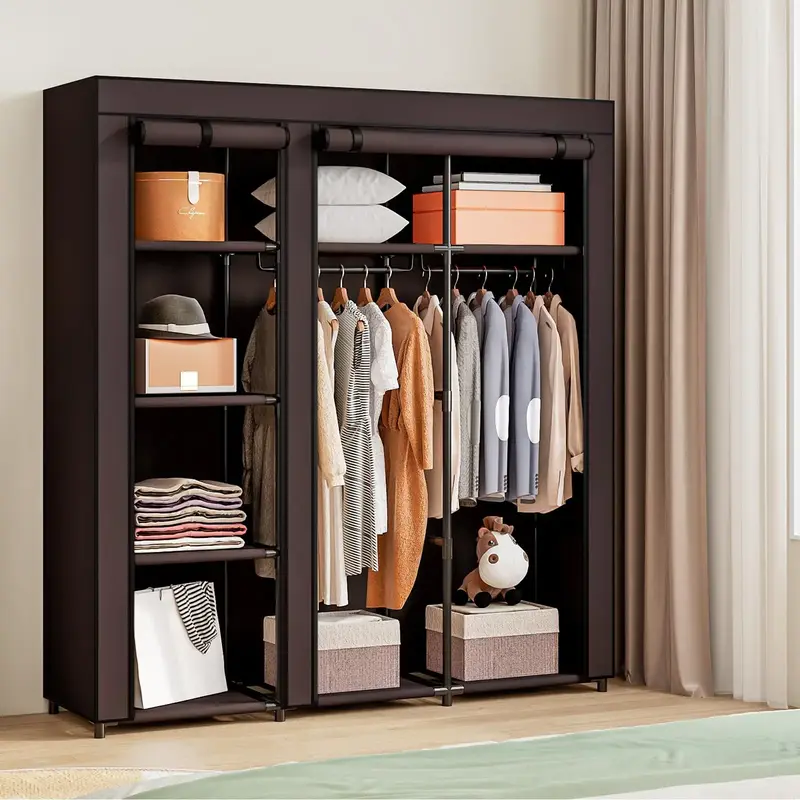 SUOERNUO Portable Wardrobe Closet Storage Organizer Metal Hanging Rack Non-Woven Fabric Rectangle Design for Bedroom with Lar...