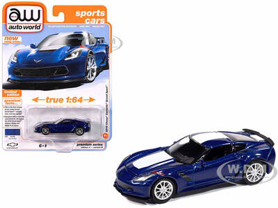 2018 Chevrolet Corvette Grand Sport Admiral Blue with White Stripe Sports Cars Series 1/64 Diecast Model Car by Auto Worl...