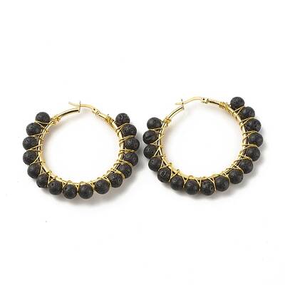 Natural Lava Rock Beaded Hoop Earrings for Women