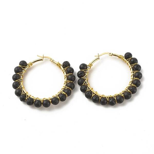 Natural Lava Rock Beaded Hoop Earrings for Women