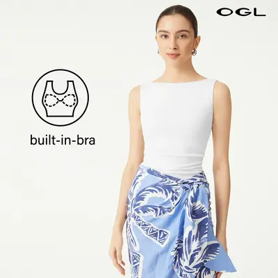 OGL Plantive Boatneck Open-Back Brami Tank Top with Built-In Padding | Sleeveless White Eco-Friendly Fabric | Four-Way Stretc...