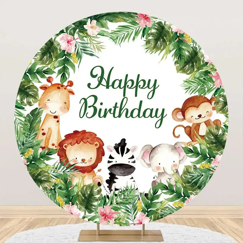 Round Safari Forest Animal Birthday Backdrop For Kids - Aperturee