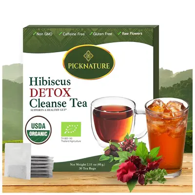 PICKNATURE Hibiscus Cleanse Tea Freshly Picked from Thailand | 2.11 oz | 30 tea bags (100+ Cups) | Herbal Tea Gifts | USDA Or...