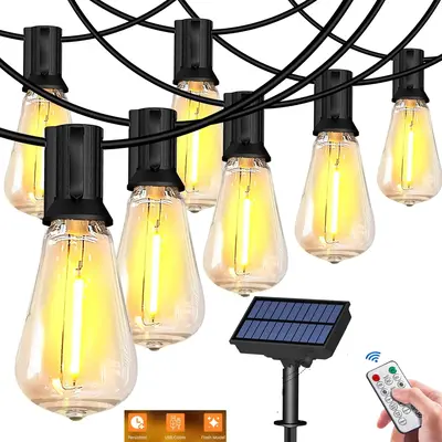 100ft Solar Outdoor String Lights with Remote - 4 Light Modes, USB Rechargeable Solar Powered Outdoor Patio Lights, Larger So...