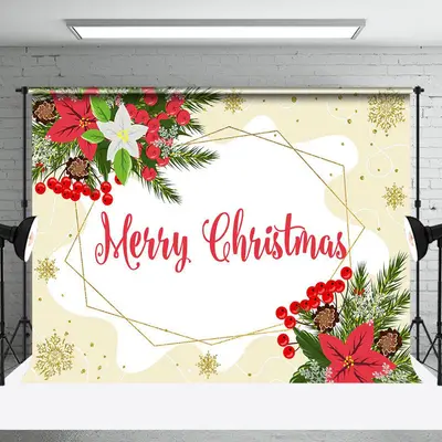 Poinsettia Gold Ice Crystals Merry Christmas Backdrop