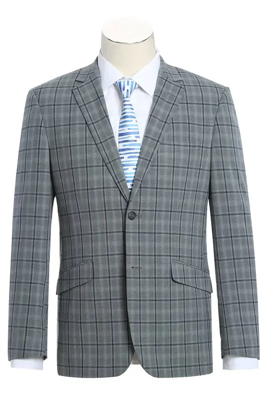 Grey Windowpane Plaid Slim Fit Two-Button Men's Suit with Hack Pocket