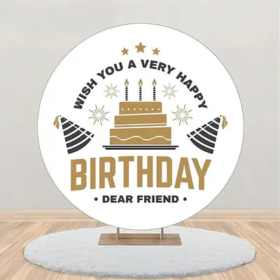 Golden Cake Black Hat Stars Round Birthday Backdrop - Aperturee