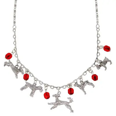 Silver Tone Red Crystal Beaded Multi Dog Drop Necklace 16\