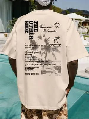 Men's Letter & Tropical Print Vintage Graphic Tees, Regular Fit Round Neck Short Sleeve Baggy T-shirt for Men, Streetwear, Gr...