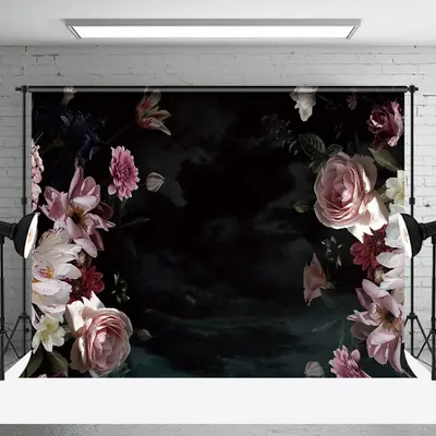 Elegant Black Pink Floral Backdrop For Photography - Aperturee