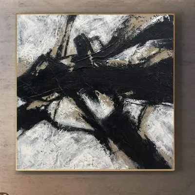 Abstract Black And White Painting on Canvas Beige Wall Art Heavy Textured Customized Painting in Size 32x32 for Aesthetic Roo...