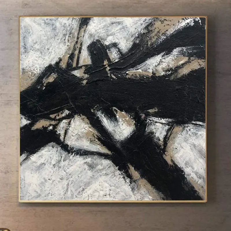 Abstract Black And White Painting on Canvas Beige Wall Art Heavy Textured Customized Painting in Size 32x32 for Aesthetic Roo...