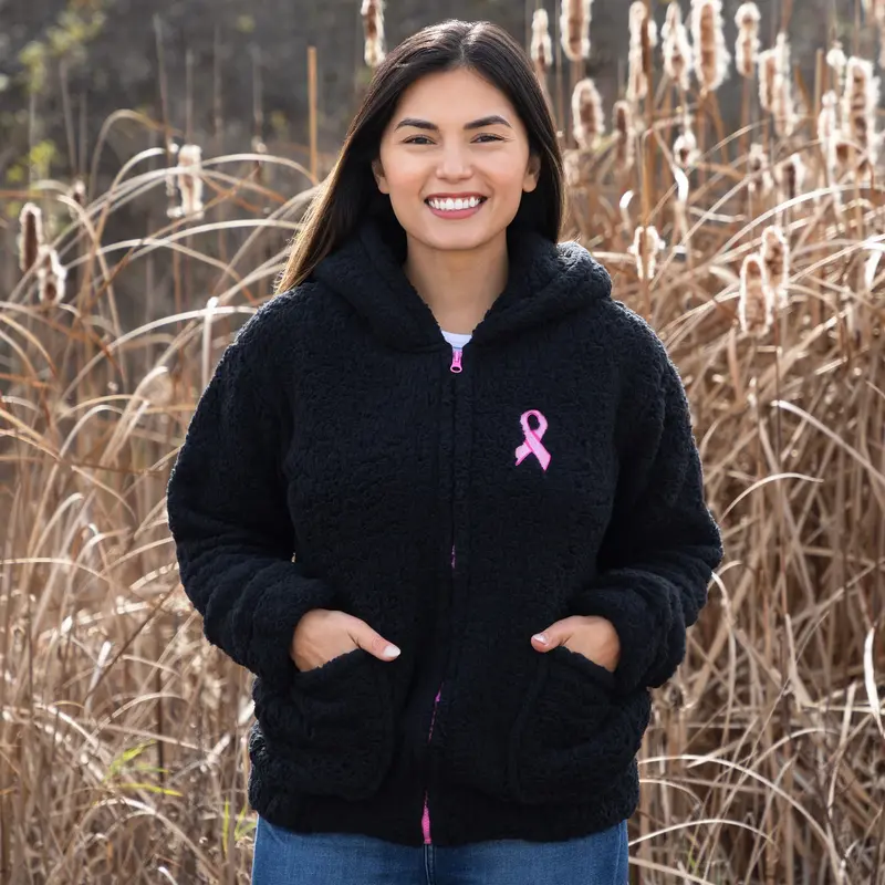 Pink Ribbon Plush Sherpa Fleece Zip Up Hooded Jacket - 1X
