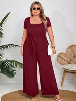 【plus Size】 Plus Size Solid Wide Leg Jumpsuit, Chic Casual Elegant Fit Shortsleeve Square Neck Belted Jumpsuit for Daily ...