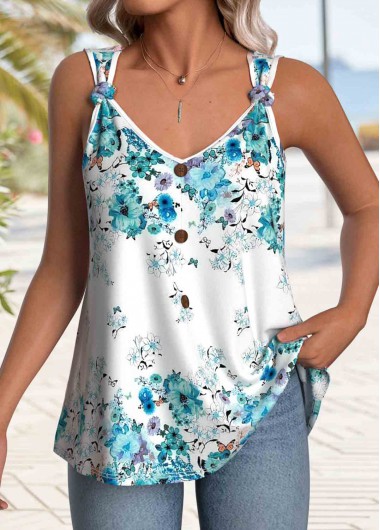 Modlily Light Blue Button Floral Print Strappy Tank Top - XL