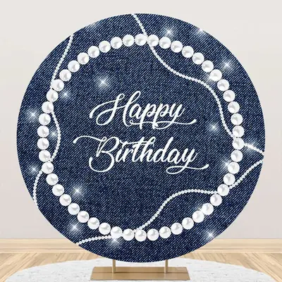White Pearl Diamond Denim Round Birthday Backdrop