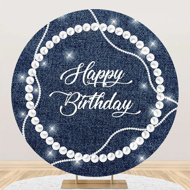 White Pearl Diamond Denim Round Birthday Backdrop