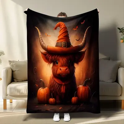 Cartoon Cow & Pumpkin Pattern Flannel Blanket, 1 Count Soft Throw Blanket, Bedroom Accessories, Warm Napping Blanket for Home...