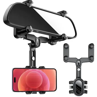 Rear View Mirror Phone Holder - Multifunctional 360° Rotatable, With Retractable Handle, Fixed At Four Corners, For Most Pho...