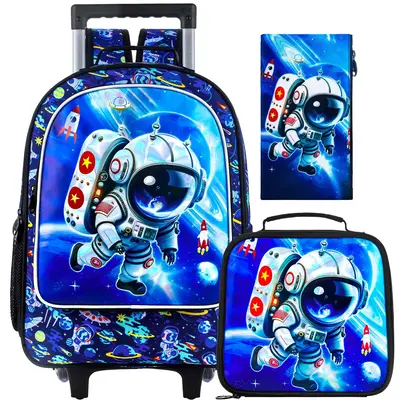 GXTVO Rolling Backpack for Boys, 3PCS Kids Roller Bookbag with Lunch Bag, Wheeled School Bag for Children - Blue Astronaut
