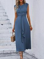 Women's Solid Color Tie Shoulder Cami Dress, Casual Sleeveless Round Neck Long Dress for Summer, Ladies Clothes for Daily Wea...