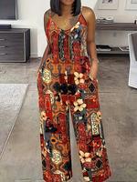 Women's All Over Floral Print Pocket Jumpsuit, Boho Casual Sleeveless Spaghetti Strap Jumpsuit for Beach Holiday Vacation, La...