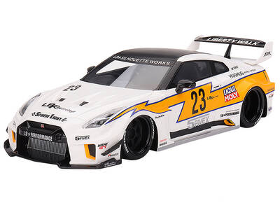 Nissan LB-Silhouette WORKS GT 35GT-RR Ver.1 RHD (Right Hand Drive) #23 White with Yellow Stripes LB Racing 1/18 Model Car b...