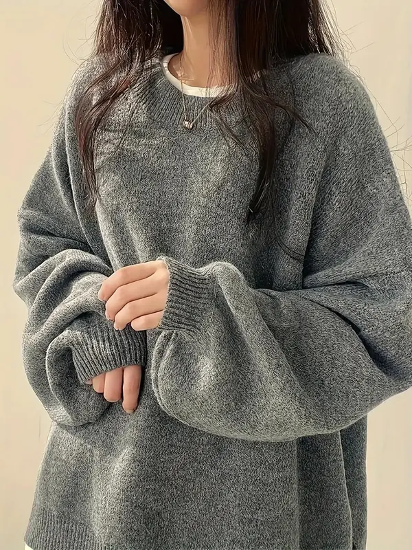 【Plus Size】 Solid Split Hem Drop Shoulder Sweater, Casual Long Sleeve Round Neck Jumper for Fall & Winter, Women's Clothi...