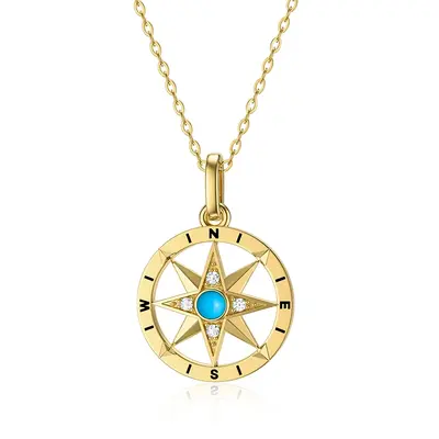 14K Gold Circular Shaped Cubic Zirconia & Turquoise Compass Pendant Necklace