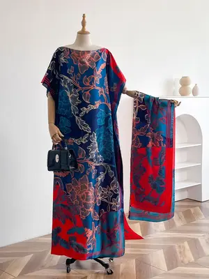 Women's Floral Print Long Dress & Scarf Set, Boho Casual Shawl Dress & Scarf Set for Beach Vacation Holiday, Ladies Clothes f...