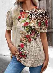 Modlily Beige Cut Out Floral Print Short Sleeve T Shirt - M