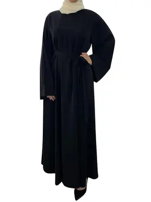 Arabic Clothing- Women's Solid Long Sleeve Belted Arabian Dress without Hijabs, Modest Casual Long Muslim Dress, Islamic Clot...