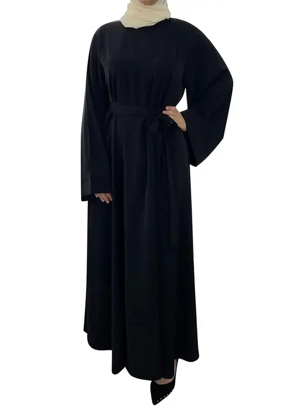 Arabic Clothing- Women's Solid Long Sleeve Belted Arabian Dress without Hijabs, Modest Casual Long Muslim Dress, Islamic Clot...