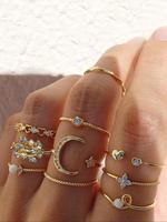 Summer Women's Heart Decor Stackable Rings for Women, 10pcs Minimalist Elegant Rhinestone Inlaid Moon & Star & Heart & Leaf D...