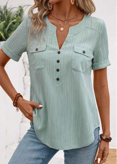 Modlily Mint Green Patchwork Short Sleeve Split Neck Blouse - XXL