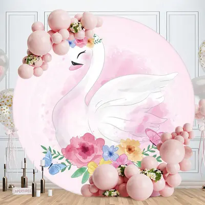 Aperturee Floral And Swan Round Pink Baby Shower Backdrop