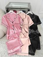 Women's Contrast Binding Lapel Shirt & Elastic Waist Pants Satin Pyjama Set, Casual Comfy Short Sleeve Pocket Button Up Top &...