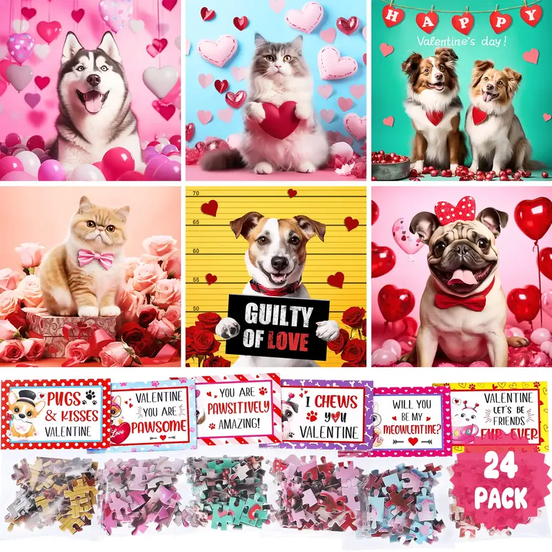 24 Packs Cat & Dog Jigsaw Puzzles with Cards for School Boys Girls, Puzzle Gift Classroom Exchanges Party Favors Prizes Birth...