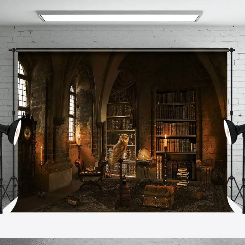 Retro Library Bookcase Owl Cake Smash Photo Backdrop