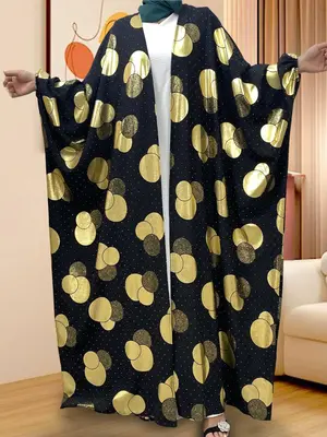 Women's Geometric Print Batwing Sleeve Open Front Abaya, Casual Comfy Long Sleeve Outerwear for Daily Wear, Ladies Sleepwear ...