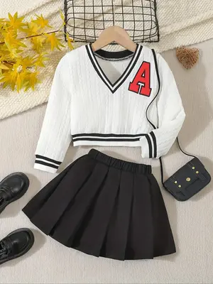 Two-Piece Set Girl's Letter Embroidery Contrast Binding Cable Knit Sweater & Pleated Skirt Set, Casual Long Sleeve V Neck Jum...