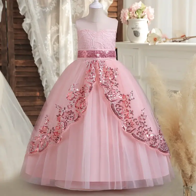 4-14 Years Old Long Dress Wedding Sequined Gowns Pink White Graduation Gown Sleeveless Sequin Kids Girl Princess Dresses