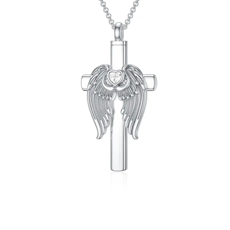 Sterling Silver Heart Cubic Zirconia Angel Wing & Cross Urn Necklace For Ashes