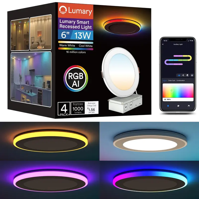 Lumary Smart RGBAI Recessed Light with Gradient Auxiliary Night Light, 6 inch / 4 pcs