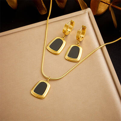 Trapezoid Stainless Steel with Natural Shell Pendant Necklaces & Hoop Earrings Sets