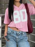 Women's Number Print Wrap V Neck Crop Tee, Streetwear Casual Fashion Fabric Preppy Style Drop Shoulder Half Sleeve T-shirt fo...