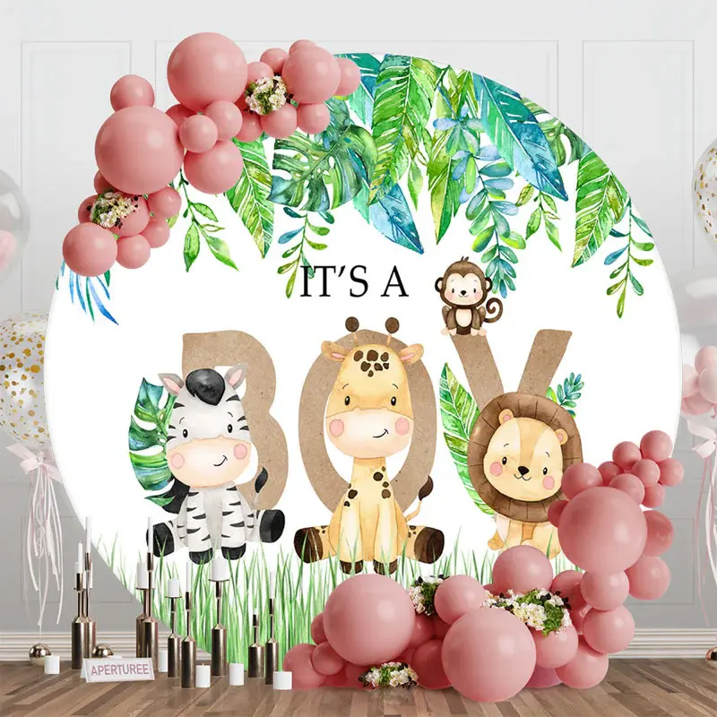 Aperturee Safari Animals Monstera Round Baby Shower Backdrop - Aperturee