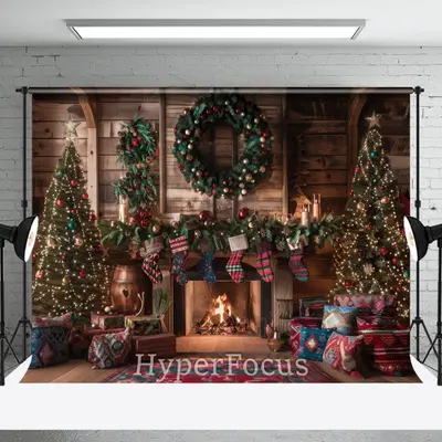 Wooden Cabin Trees Fireplace Festive Photo Backdrop - Aperturee