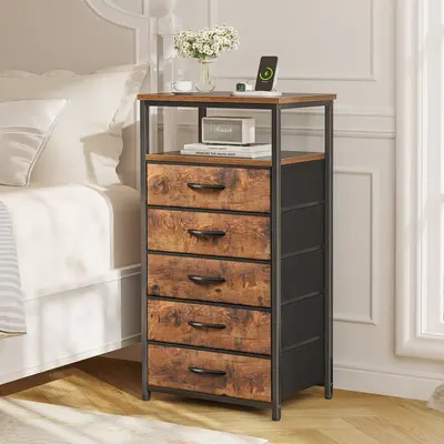 Huuger 5 Drawers Dresser with Charging Station, Dresser for Bedroom, Tall Night Stand, Chest of Drawers with Open Shelf, Beds...